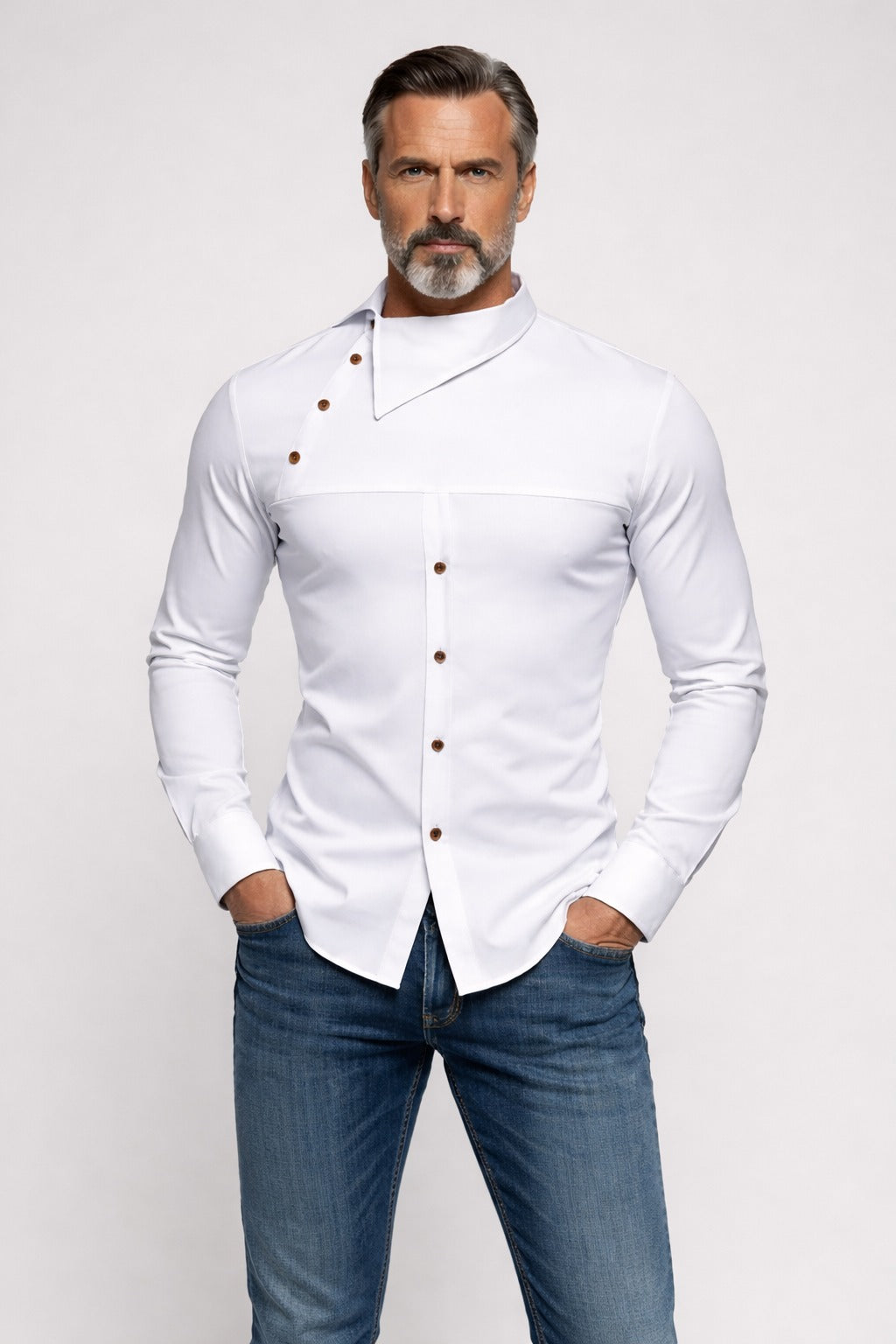Button Stand Collar Dress Shirt