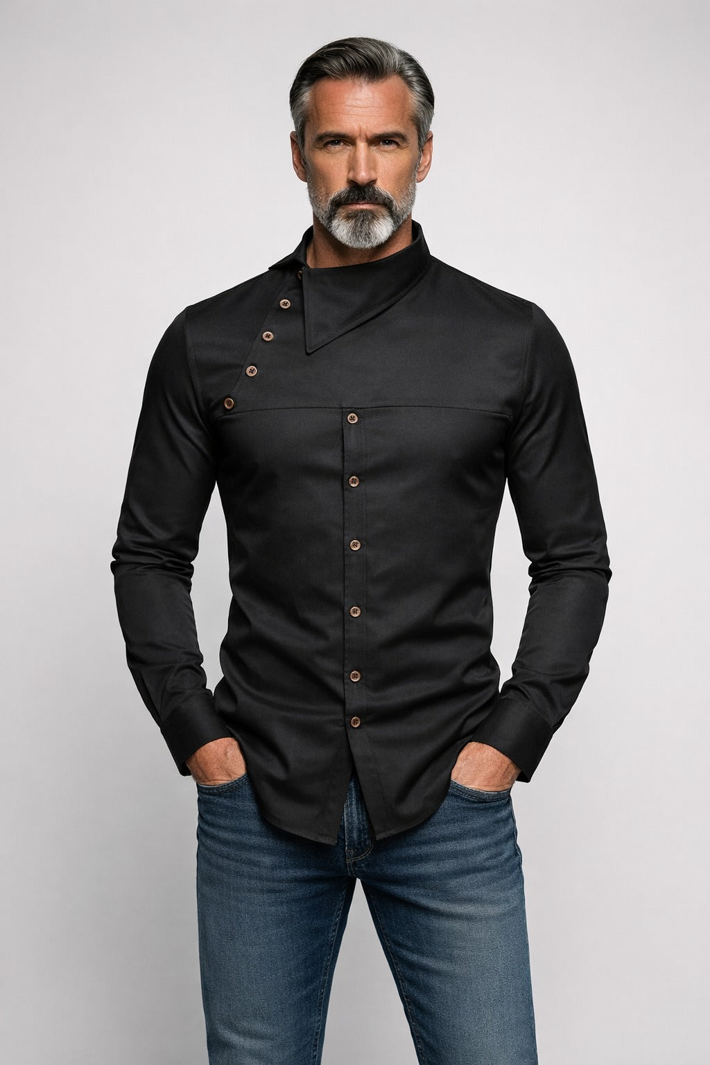 Button Stand Collar Dress Shirt